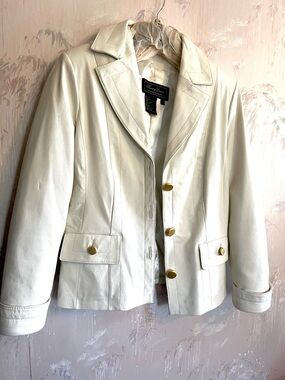Terry Lewis Classic Luxuries Egg Shell White Leather Jacket with Gold Buttons